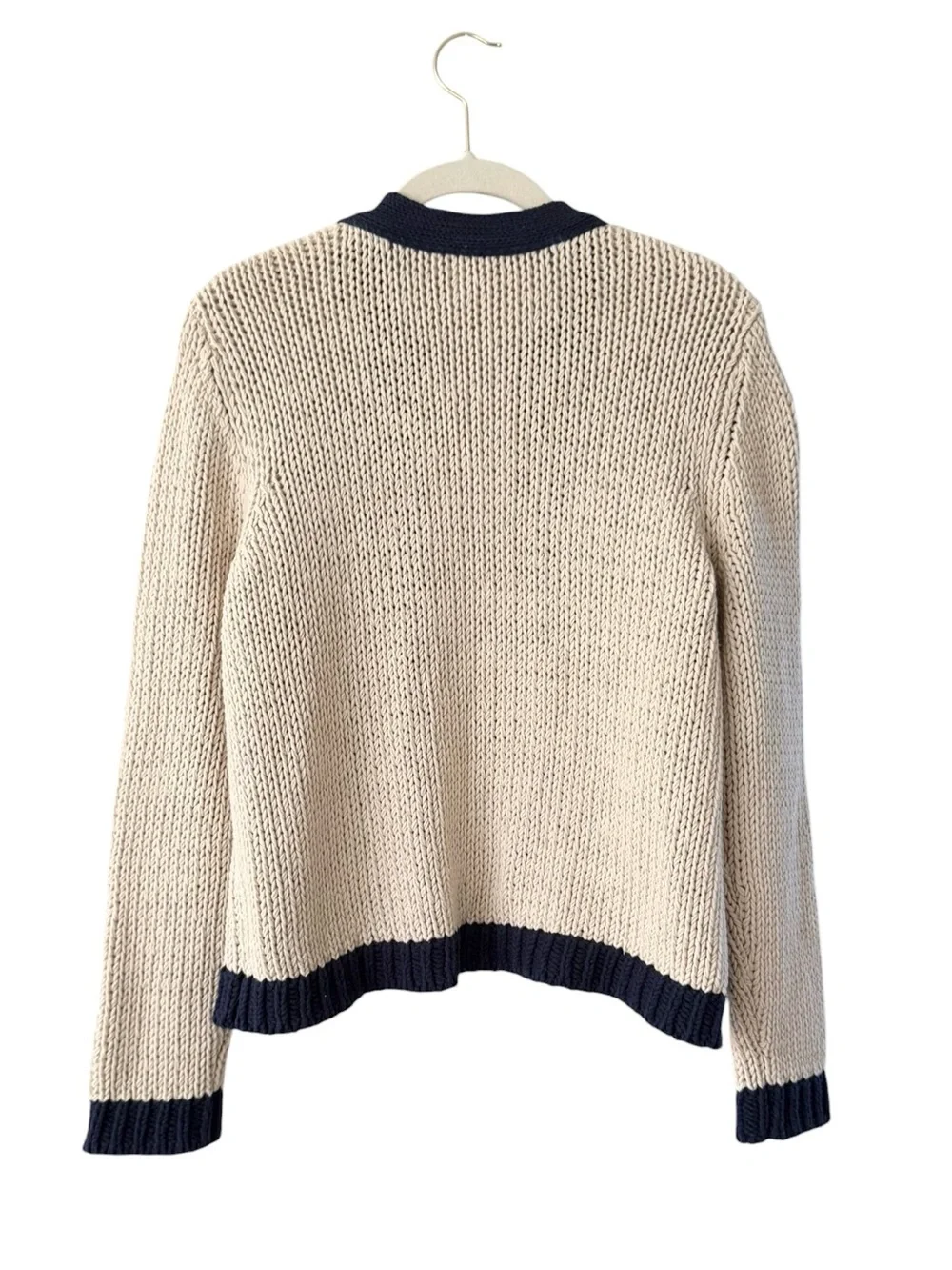 Women’s Cream Cable Knit Cardigan Sweater Size L Navy Blue Trim Classic Preppy